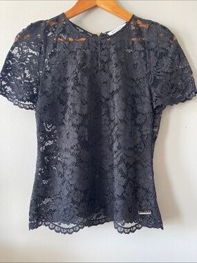 Black cotton Lace Short-Sleeve Top zipper back